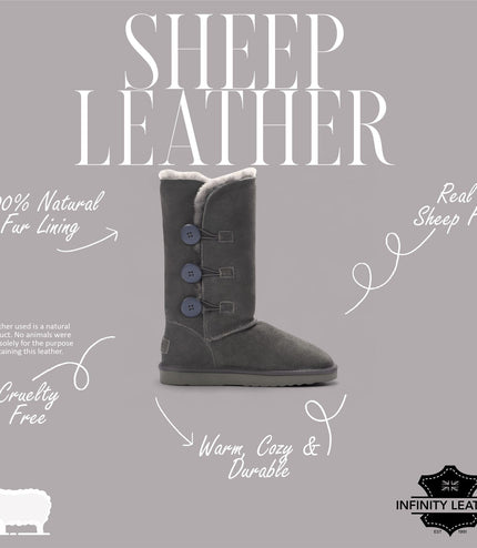 Women's Sheepskin Suede Grey Button Warm Winter Calf Boots - Willow