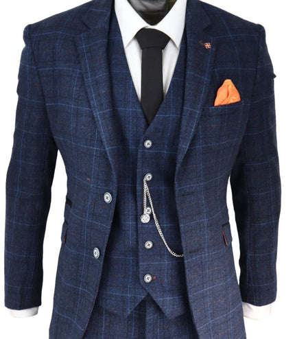 Mens 3 Piece Navy Blue Tweed Check Vintage Retro Classic Suit