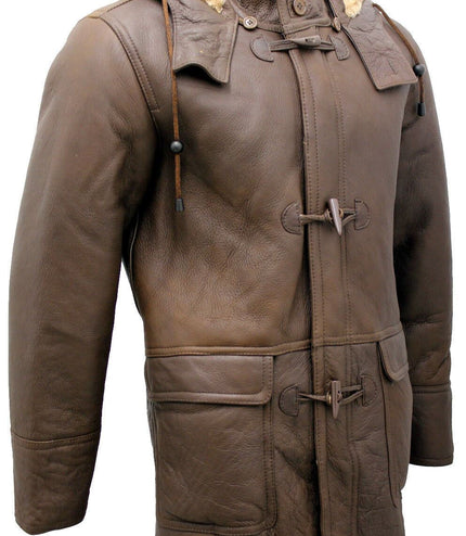 Mens Sheepskin Leather Hooded Duffle Coat-Hanko
