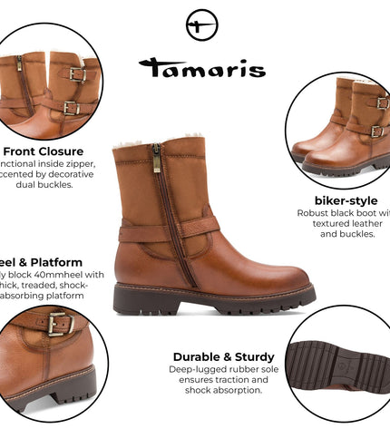 Tamaris Womens Winter Cognac Tan Brown Leather Buckle Zip Biker Ankle Boots