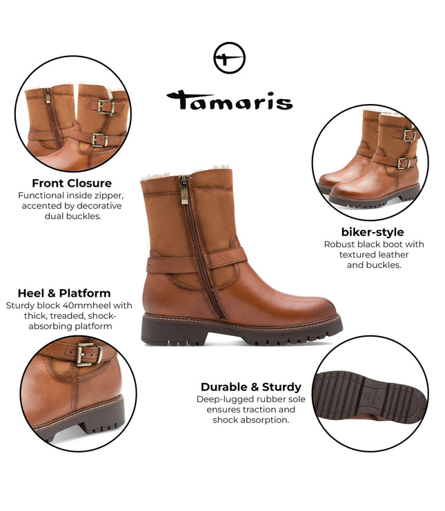 Tamaris Womens Winter Cognac Tan Brown Leather Buckle Zip Biker Ankle Boots