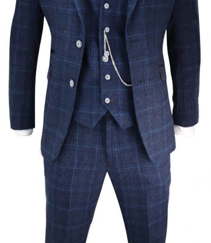 Mens 3 Piece Navy Blue Tweed Check Vintage Retro Classic Suit