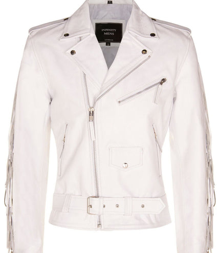 Mens Fringe Hide Leather Biker Jacket- Tokyo - White
