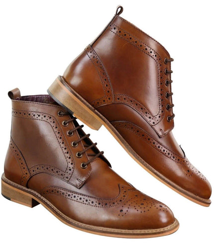 Mens Classic Oxford Brogue Ankle Boots In Tan Leather