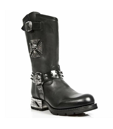 Black leather boot with metal accents on a white background