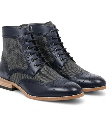 Men's Navy Blue Wingtip Brogue Ankle Dress Chukka Boots