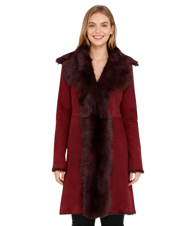 Womens Toscana Sheepskin Suede Trench Coat-Tbilisi - Burgundy