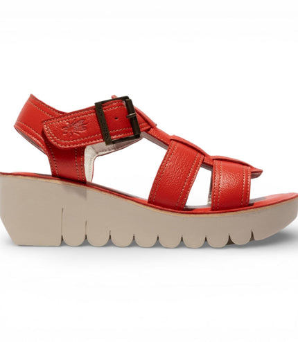 Fly London Women's YUDD236FLY Devil Red Leather Wedge Sandals
