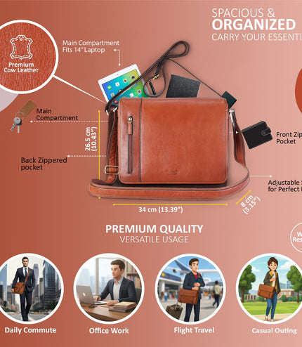 Genuine Leather Tan Laptop Satchel Messenger Shoulder Bag - Astor