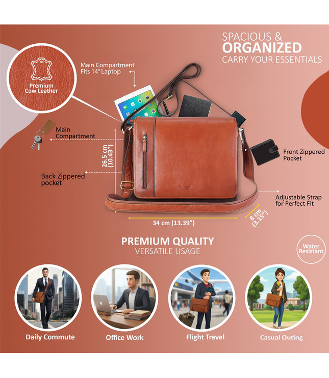 Genuine Leather Tan Laptop Satchel Messenger Shoulder Bag - Astor
