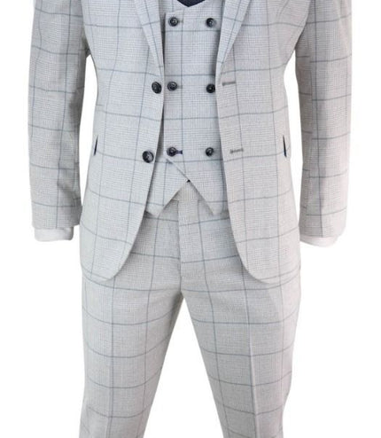 Mens 3 Piece Light Grey Check Tweed Vintage Retro Classic Suit