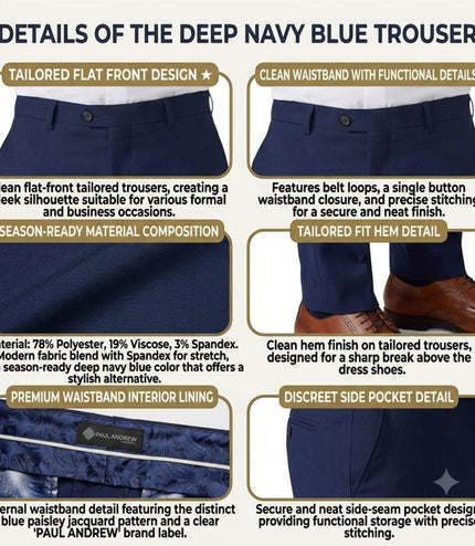 Men's Navy Formal Pants Tailored Fit Trousers - Belmont