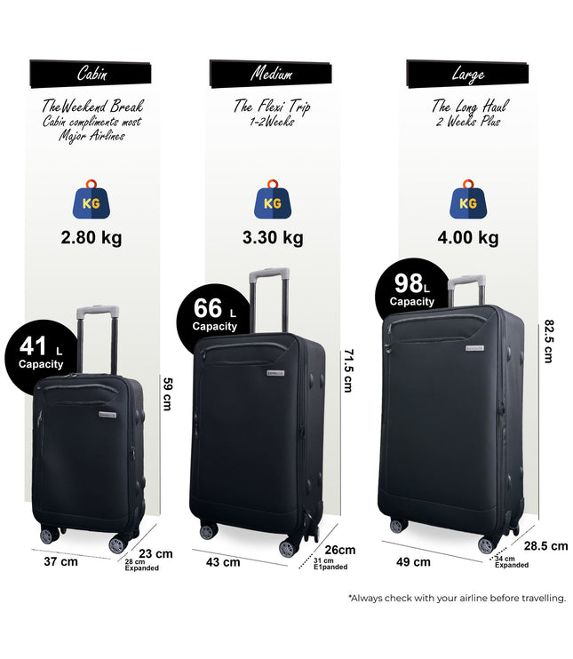 Handa Set of 3 Soft Shell Suitcase in Black