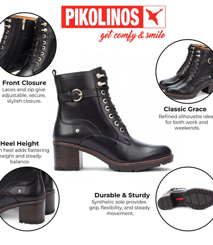 Pikolinos Women's Black Leather Mid-Heel Combat Ankle Boots - Llanes