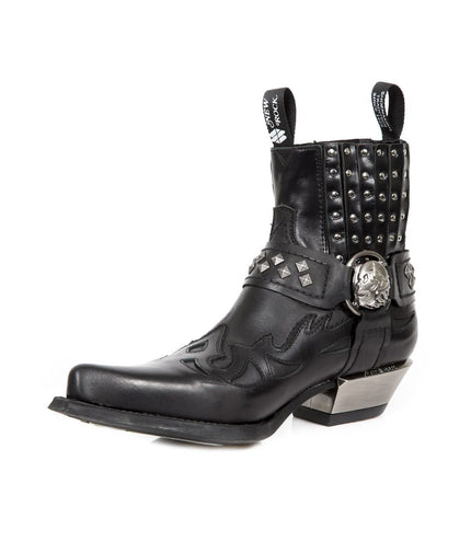 New Rock Studded Black Leather Western Biker Boots-7950-S1