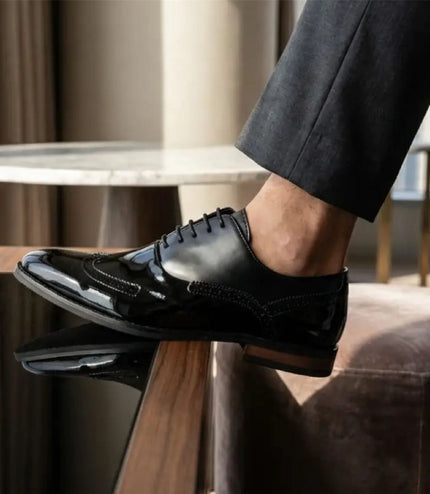 Men's Black Patent PU Leather Wingtip Brogue Oxford Shoes