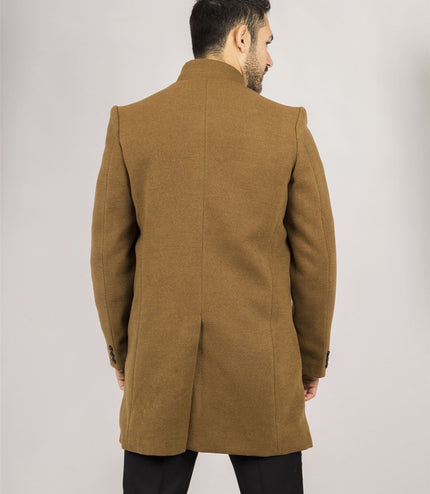 Men's Tan Stand Collar Wool Blend Overcoat
