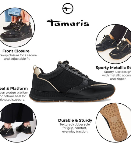 Tamaris Womens Black Gold Fashion Lace-Up Zipped Sneakers Trainers