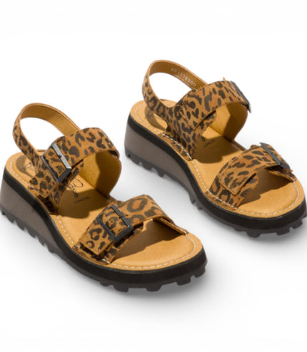 Fly London Women's HEIF558FLY Cheetah Tan Leather Wedge Buckle Sandals