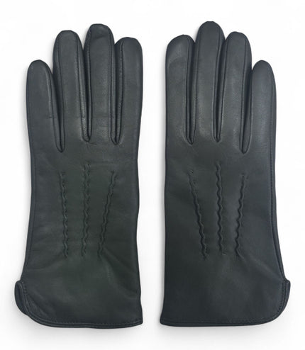 Womens Olive Green Italian Leather Winter Stitch Line Design Soft Wool Lining Gloves - L-GLV-301