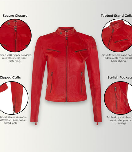 Womens Slim-Fit Leather Biker Jacket-Maldon - Red