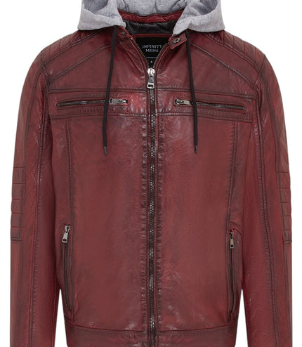 Men's Hooded Biker Lamb Leather Jacket - Burten - Ox Red