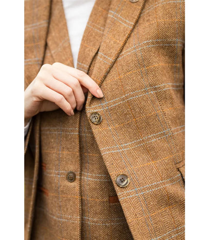 Women's Oak Brown Tailored Fit Tweed Blazer in Herringbone Check