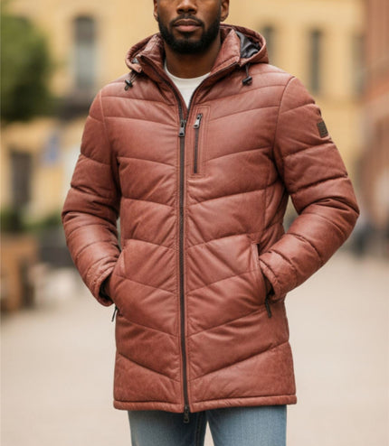 Men's Tan Brown Leather Quilted Jacket Hooded Puffer Winter Coat - Olyic