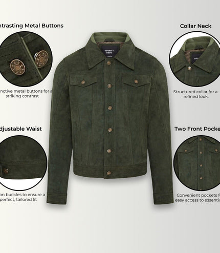 Mens Trucker Goat Suede Western Leather Jeans Jacket - Yangon - Green