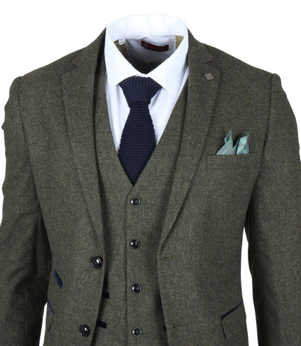 Men's Olive Green Wool Blend Tweed Formal Suit
