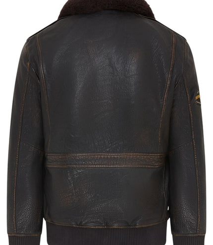 Men's Leather Bomber Sheepskin Collar G-1 Aviator Jacket - Linear - Black