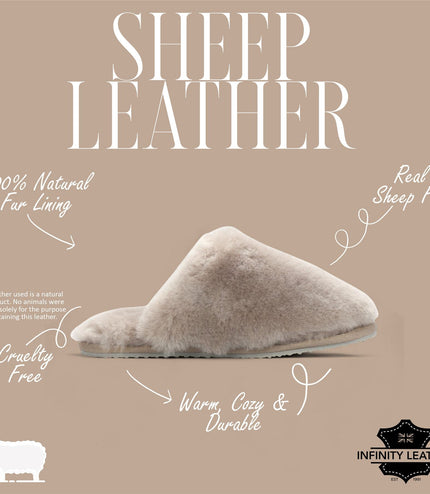 Women's Sheepskin Slippers Taupe Warm Winter Fur Mule - Aurora