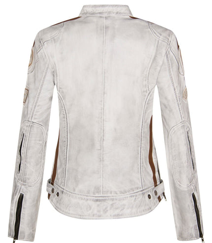 Womens Biker Racing Badges Leather Jacket-Eastleigh - Tan