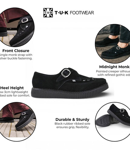 TUK Pointed Creeper Black Suede Monk Buckle Platform Shoes - A8139