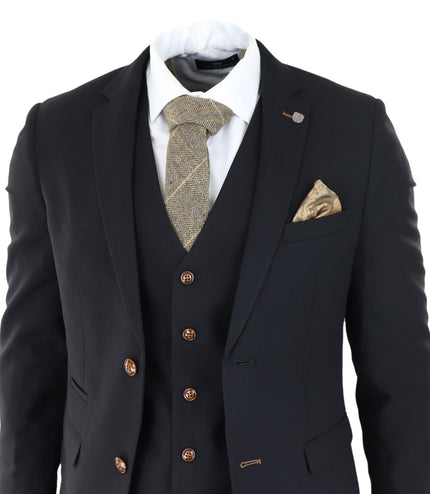 Mens Black 3 piece Suit Brown Trim Classic Birdseye Vintage Wedding Grooms