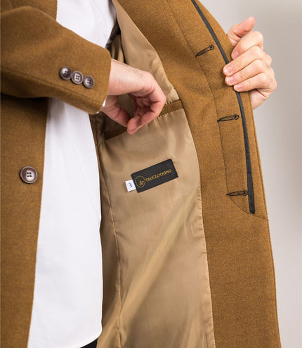 Men's Tan Stand Collar Wool Blend Overcoat