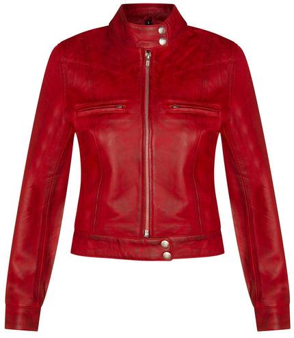 Womens Plain Leather Moto Biker Jacket-Braga - Red