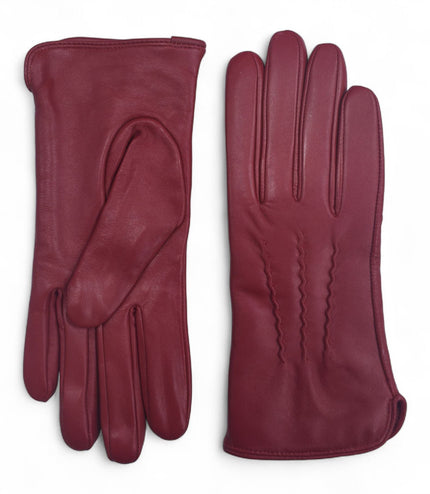 Womens Red Italian Leather Winter Stitch Line Design Soft Wool Lining Gloves - L-GLV-301