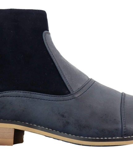 Mens Navy Leather Suede Zip Up Chelsea Boots