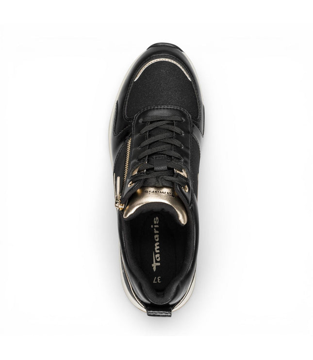 Tamaris Women's Black Gold Platform Trainers Sneaker Zip Lace-Up Running Shoes
