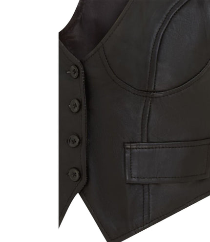 Womens Black Leather Waistcoat Biker Vest - MAM-WC