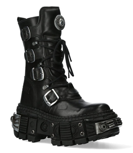 New Rock Black Mid Calf Leather Goth Boots-WALL1473-S11