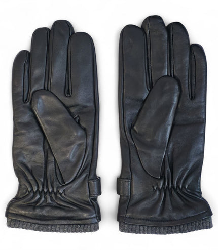 Men's Black Italian Leather Warm Wool Lining Winter Knit Rib Gloves - M-LGV-105