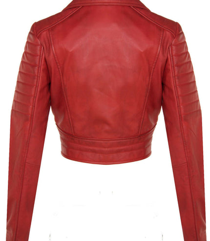 Womens Cropped Brando Leather Biker Jacket-Damascus - Red