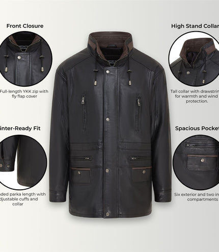 Mens Soft Italian Leather Parka Coat-Winnipeg - Black-Brown