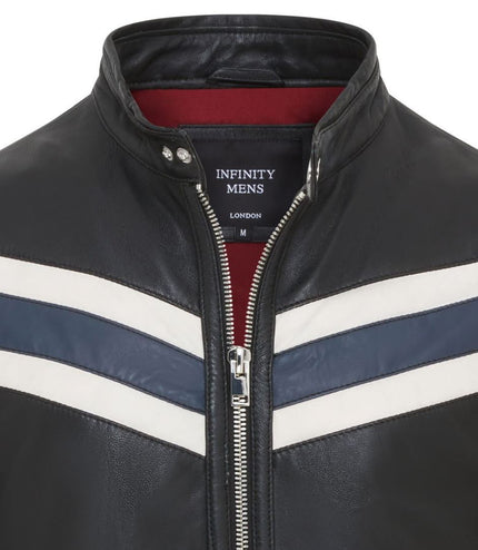 Men's Black Striped CafÃ© Racer Biker Leather Motorcycle Jacket - Black/Blue
