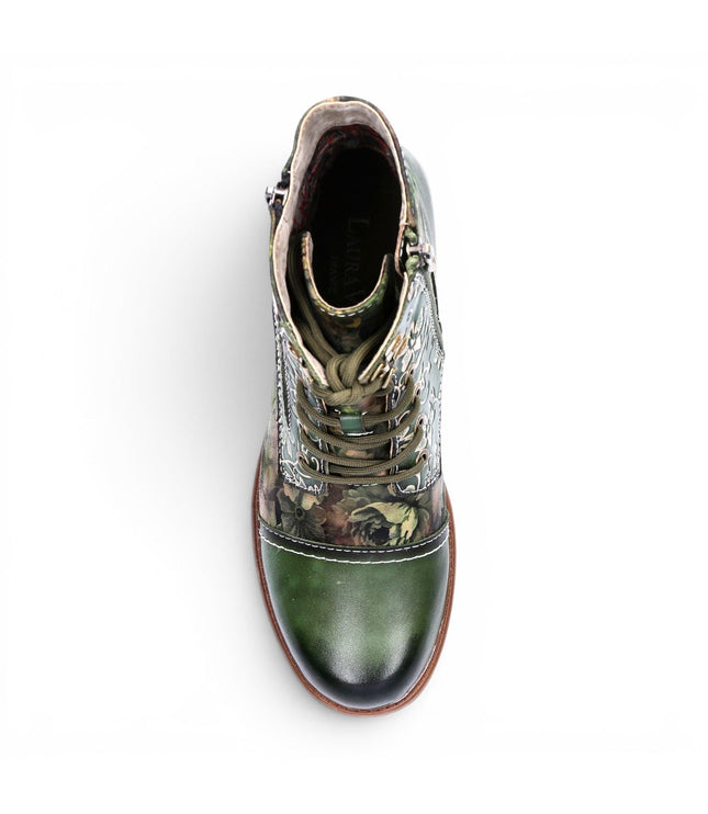 Laura Vita Women's Green Floral Victorian Leather Lace-up Ankle Boots - Anitao - 11