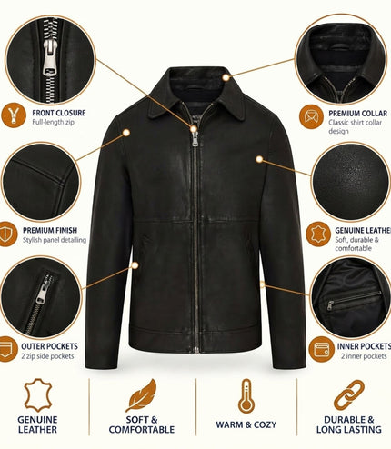 Mens Leather Black Harrington Collar Biker Jacket - Alpha