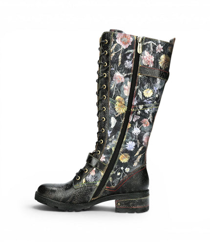 Laura Vita Women's Victorian Floral Black Leather High Lace-Up Long Boots - Cocrailo-82