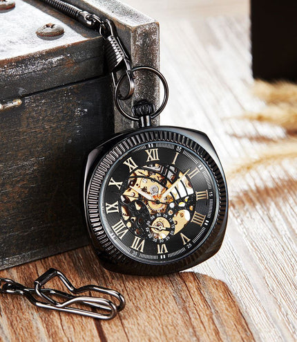 Mechanical Black Gold Vintage Skeleton Square Open-Face Pocket Watch